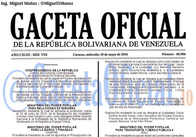 Gaceta Oficial 40906 del 18 mayo 2016