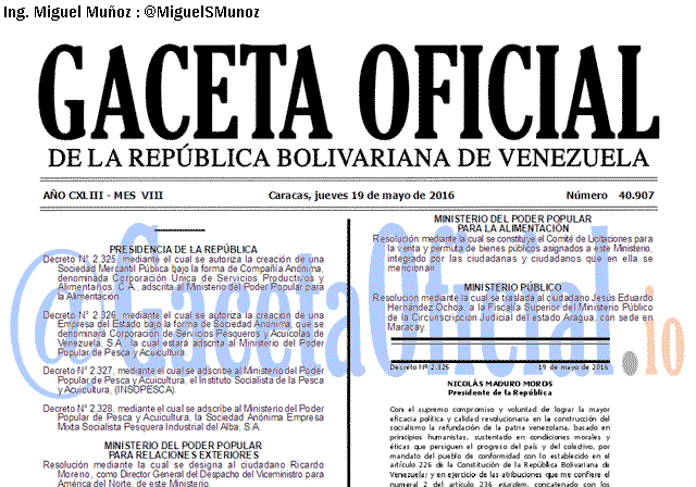 Gaceta Oficial 40907 del 19 mayo 2016