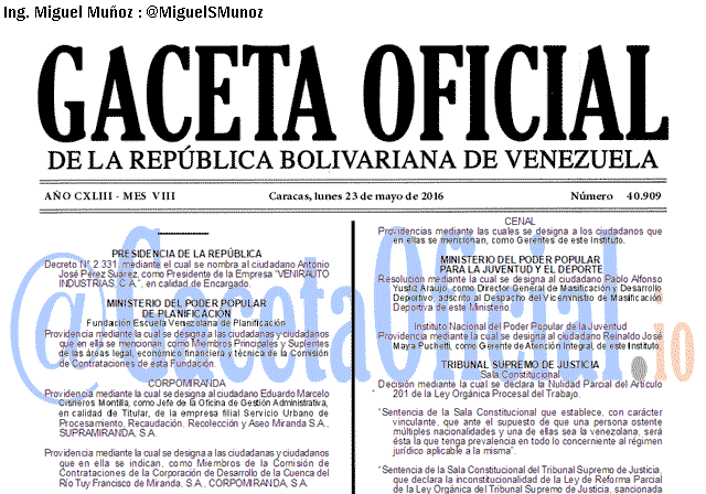 Gaceta Oficial 40909 del 23 mayo 2016