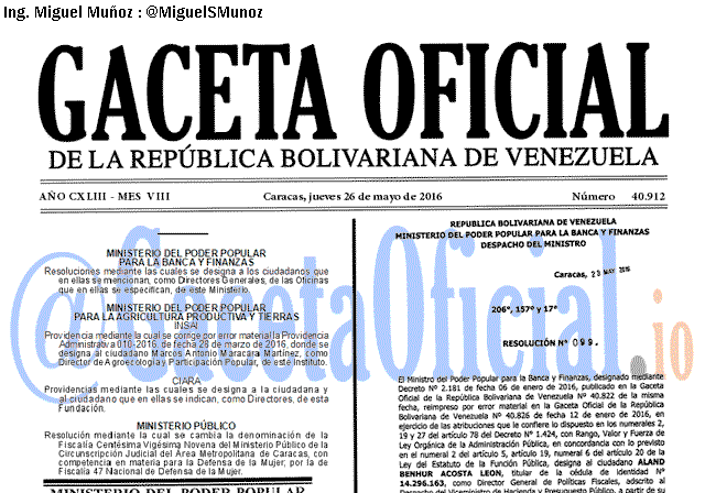 Gaceta Oficial 40912 del 26 mayo 2016