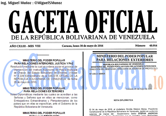 Gaceta Oficial 40914 del 30 mayo 2016