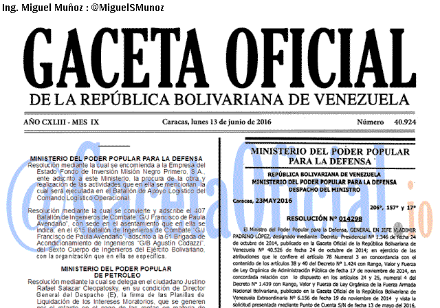 Gaceta Oficial 40924 del 13 junio 2016