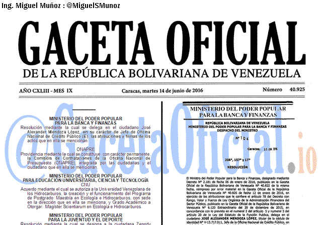 Gaceta Oficial 40925 del 14 junio 2016