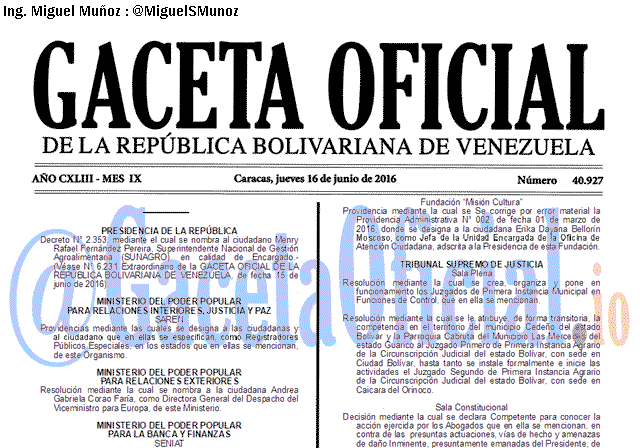 Gaceta Oficial 40927 del 16 junio 2016