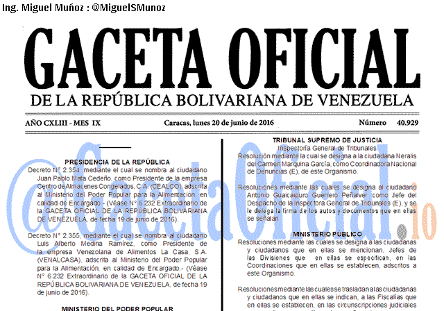 Gaceta Oficial 40929 del 20 junio 2016