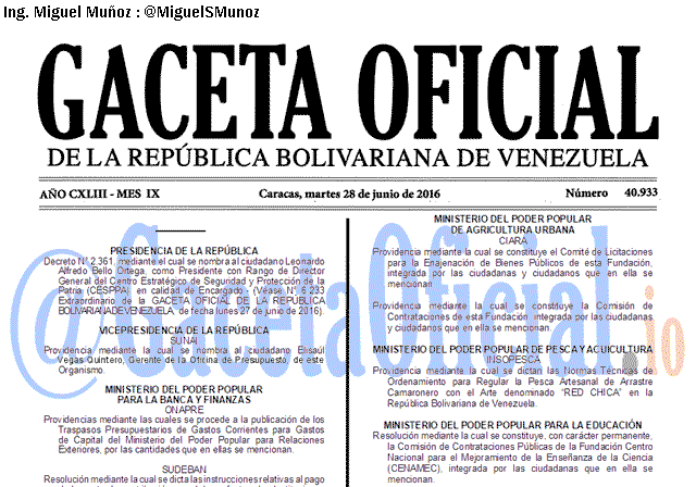 Gaceta Oficial 40933 del 28 junio 2016