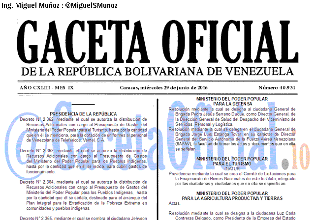 Gaceta Oficial 40934 del 29 junio 2016