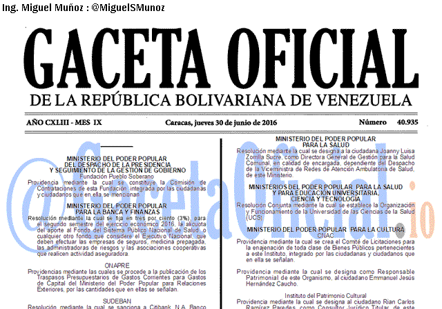 Gaceta Oficial 40935 del 30 junio 2016