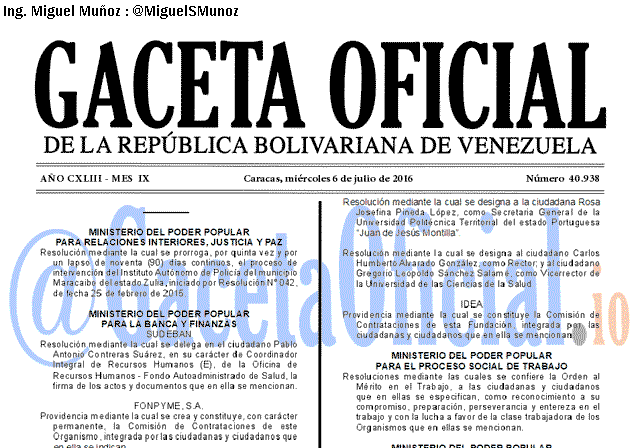Gaceta Oficial 40938 del 6 julio 2016
