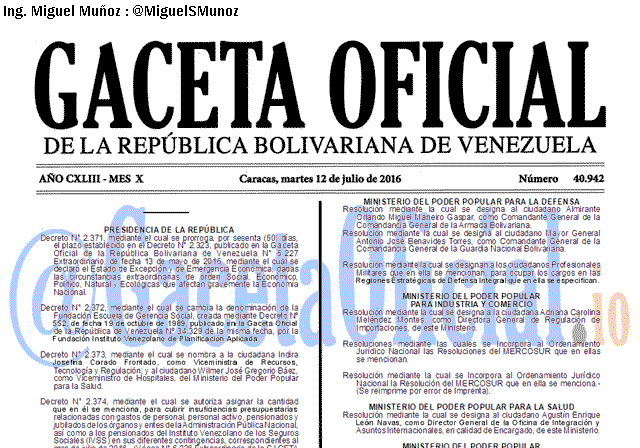 Gaceta Oficial 40942 del 12 julio 2016