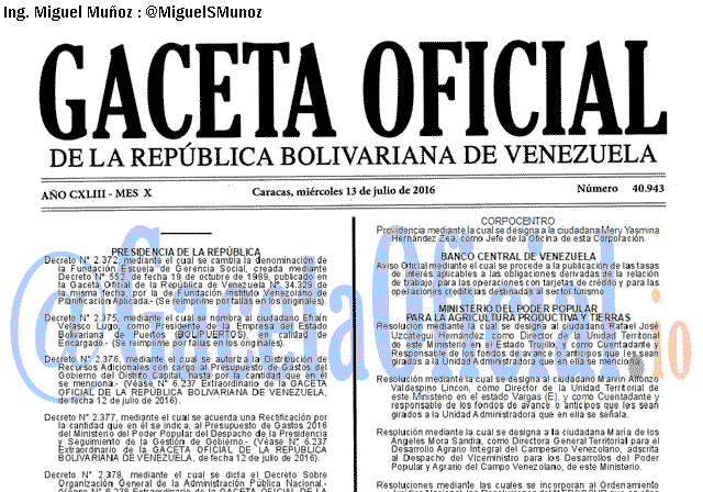 Gaceta Oficial 40943 del 13 julio 2016