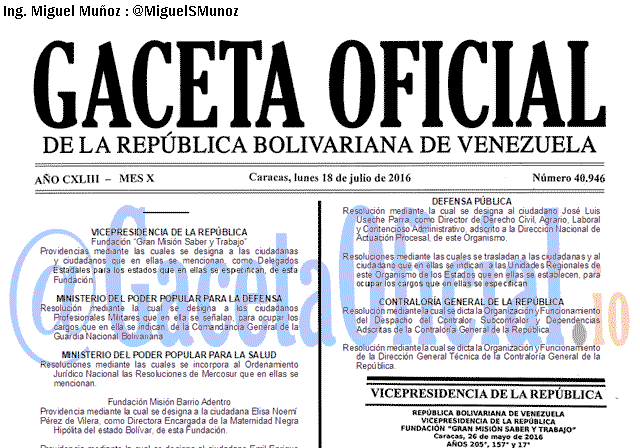 Gaceta Oficial 40946 del 18 julio 2016