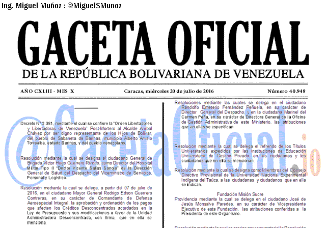 Gaceta Oficial 40948 del 20 julio 2016
