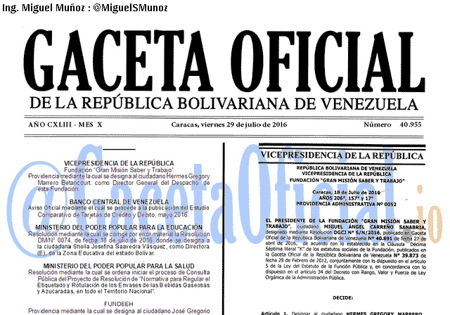 Gaceta Oficial 40955 del 29 julio 2016