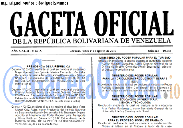 Gaceta Oficial 40956 del 1 agosto 2016