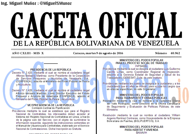 Gaceta Oficial 40962 del 9 agosto 2016