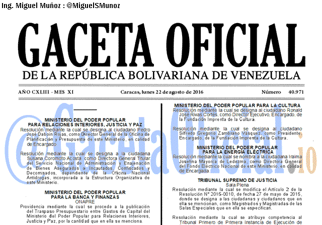 Gaceta Oficial 40971 del 22 agosto 2016
