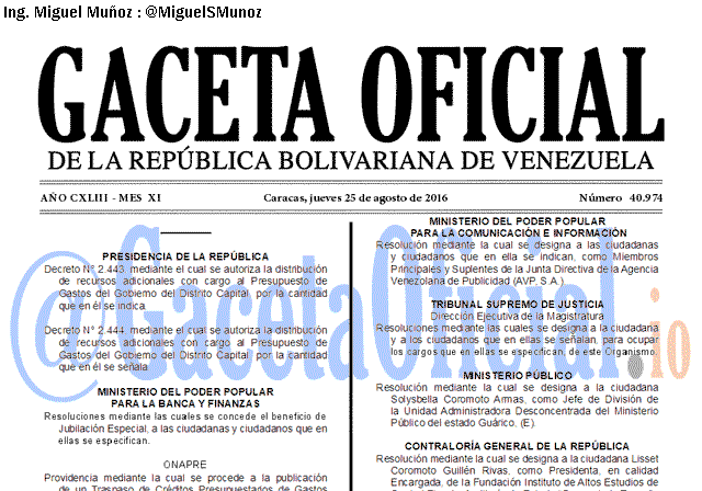 Gaceta Oficial 40974 del 25 agosto 2016