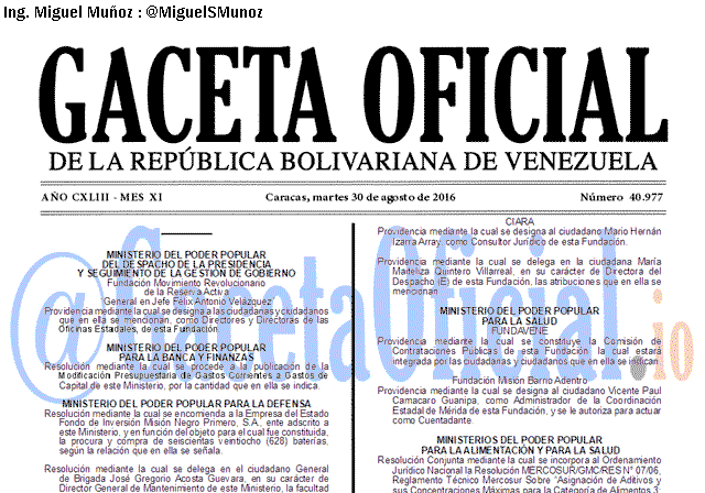 Gaceta Oficial 40977 del 29 agosto 2016