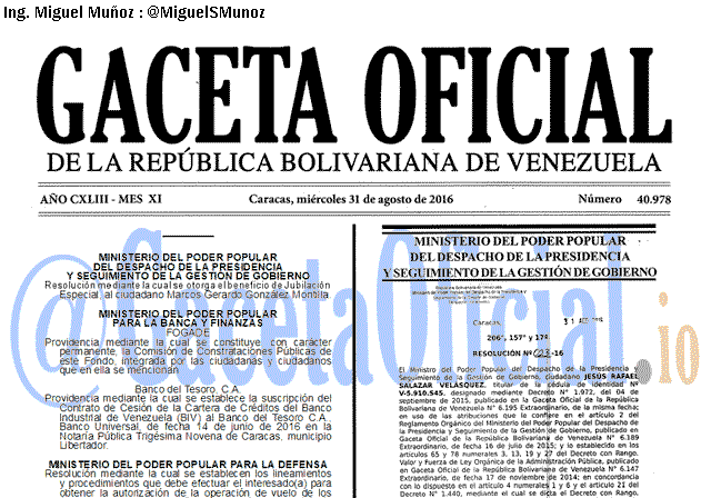 Gaceta Oficial 40978 del 31 agosto 2016