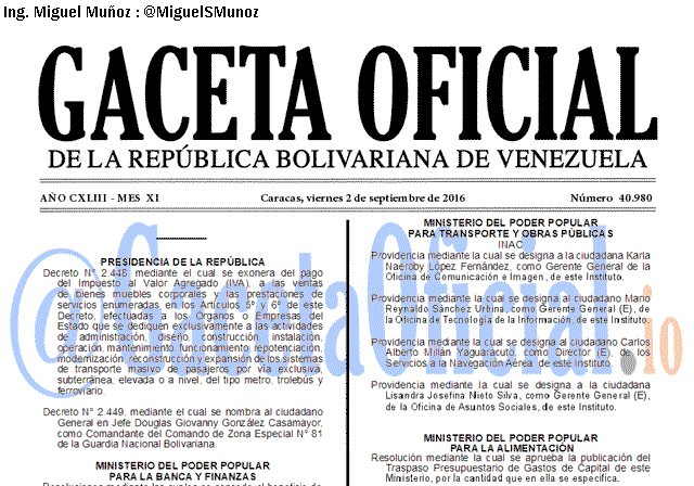 Gaceta Oficial 40980 del 2 Septiembre 2016