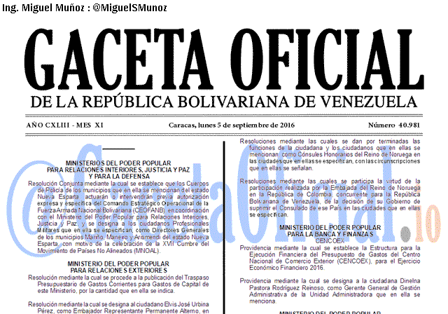Gaceta Oficial 40981 del 5 Septiembre 2016