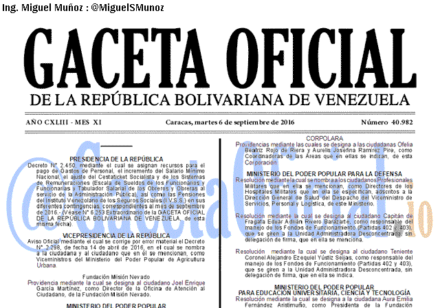 Gaceta Oficial 40982 del 6 Septiembre 2016