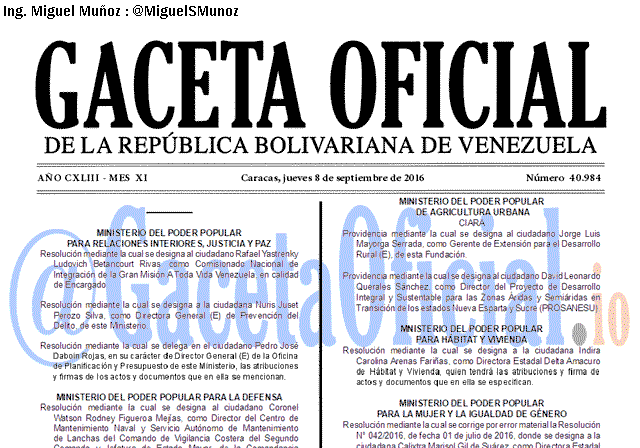 Gaceta Oficial 40984 del 8 Septiembre 2016