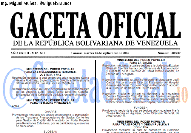Gaceta Oficial 40987 del 13 Septiembre 2016