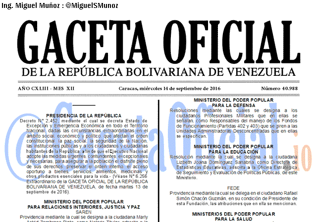 Gaceta Oficial 40988 del 14 septiembre 2016