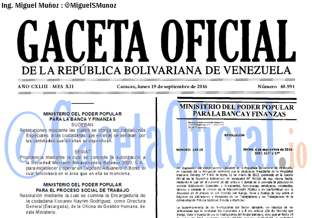 Gaceta Oficial 40991 del 19 septiembre 2016