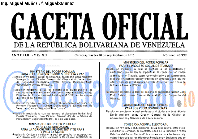 Gaceta Oficial 40992 del 20 Septiembre 2016