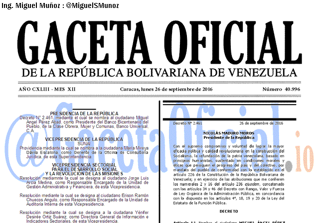 Gaceta Oficial 40996 del 26 Septiembre 2016