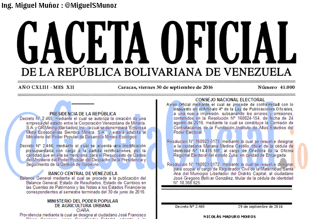 Gaceta Oficial 41000 del 30 Septiembre 2016