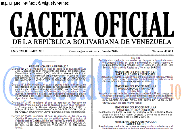 Gaceta Oficial 41004 del 6 octubre 2016