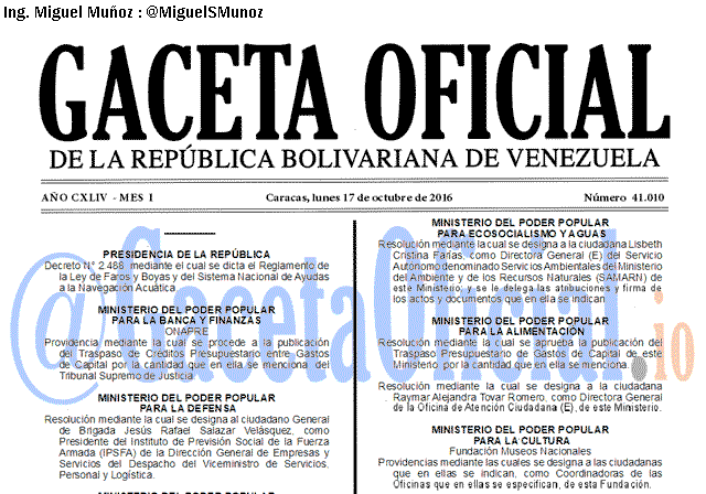 Gaceta Oficial 41010 del 17 octubre 2016