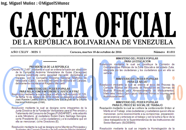 Gaceta Oficial 41011 del 18 octubre 2016