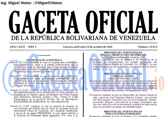 Gaceta Oficial 41012 del 19 octubre 2016