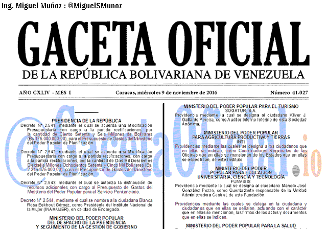 Gaceta Oficial 41027 del 9 noviembre 2016