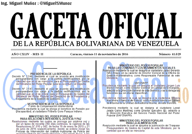 Gaceta Oficial 41029 del 11 Noviembre 2016