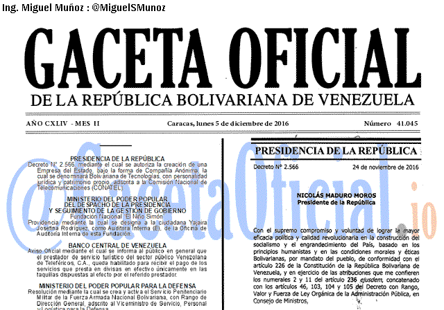 Gaceta Oficial 41045 del 5 diciembre 2016