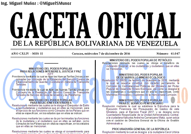 Gaceta Oficial 41047 del 7 diciembre 2016