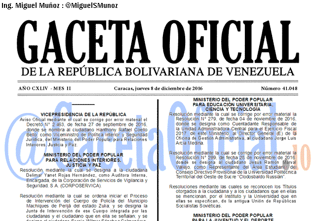 Gaceta Oficial 41048 del 8 diciembre 2016