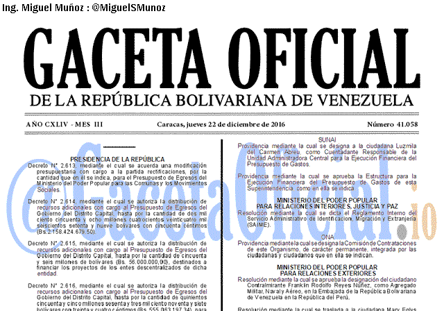 Gaceta Oficial 41058 del 22 diciembre 2016