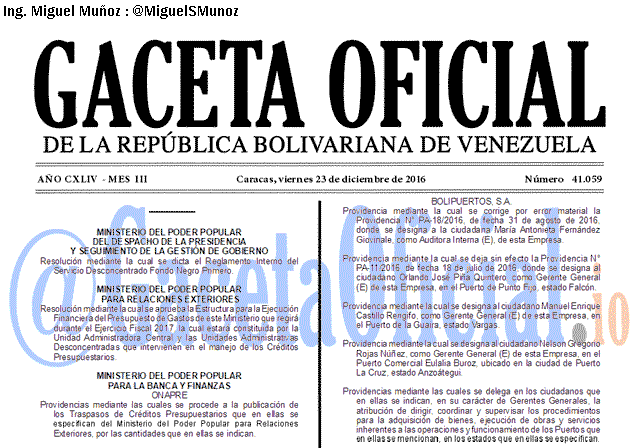Gaceta Oficial 41059 del 23 diciembre 2016