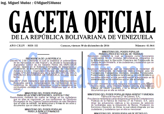Gaceta Oficial 41064 del 30 diciembre 2016 Gaceta Oficial 41064 del 30 diciembre 2016