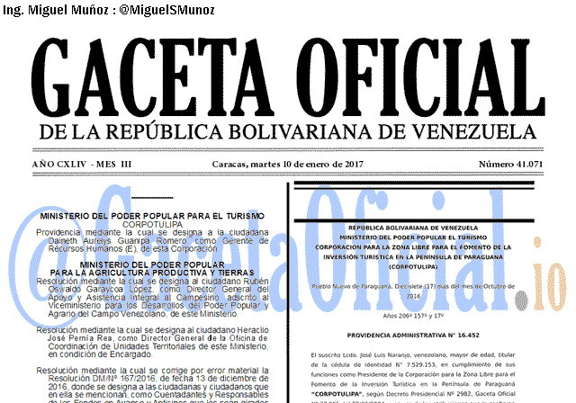 Gaceta Oficial 41071 del 10 enero 2017