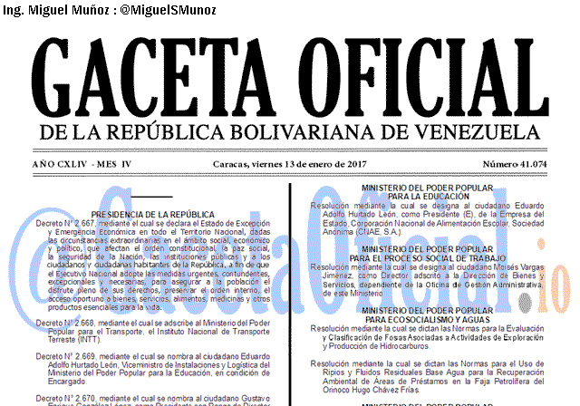 Gaceta Oficial 41074 del 13 enero 2017