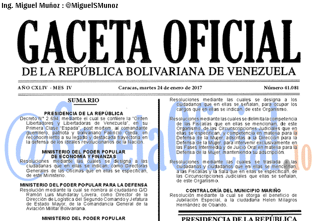 Gaceta Oficial 41081 del 24 enero 2017