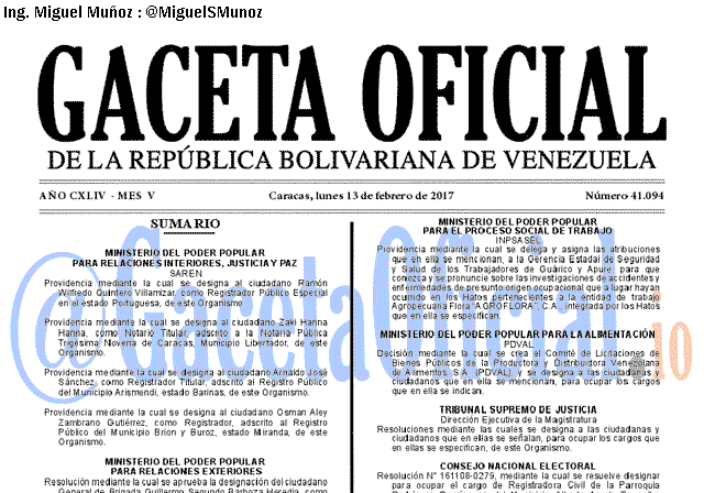 Gaceta Oficial 41094 del 13 febrero 2017